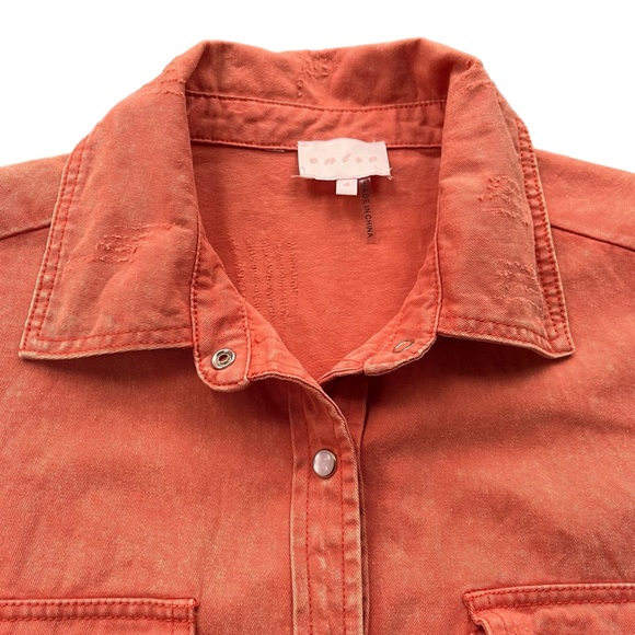 Entro Women’s Sz Small Orange Short Sleeve Button Snap Collared Peplum Denim Top - Picture 6 of 16